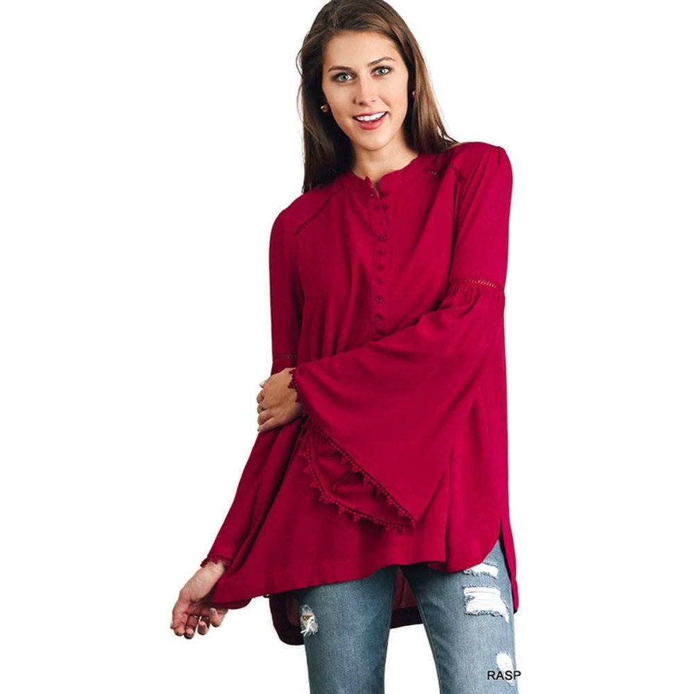 Umgee Popover Trumpet Sleeve Blouse, Raspberry